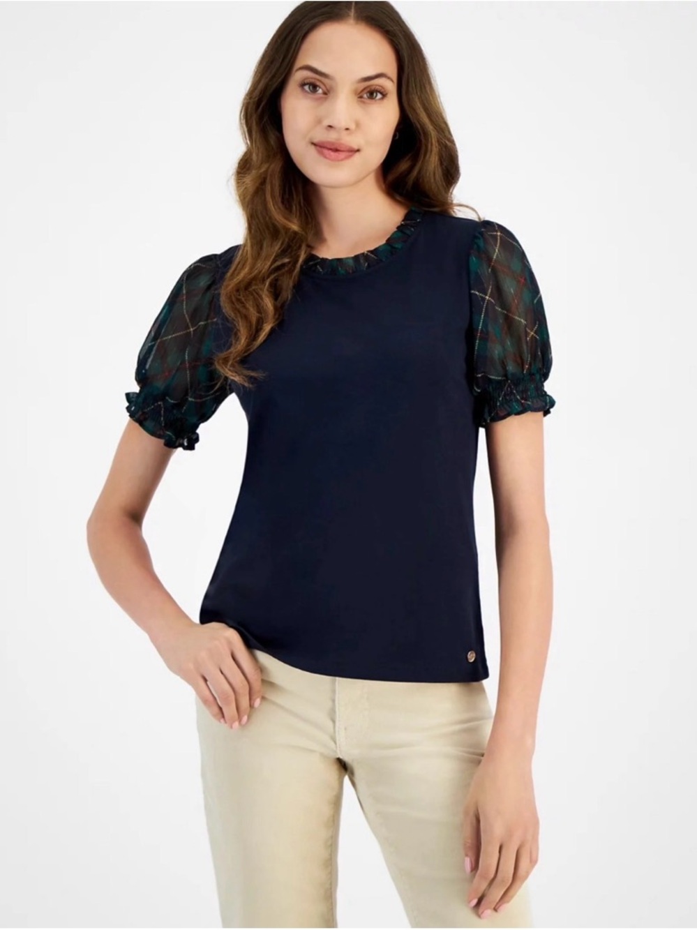 Tommy Hilfiger Navy Top with Plaid-trim Puff Sleeves